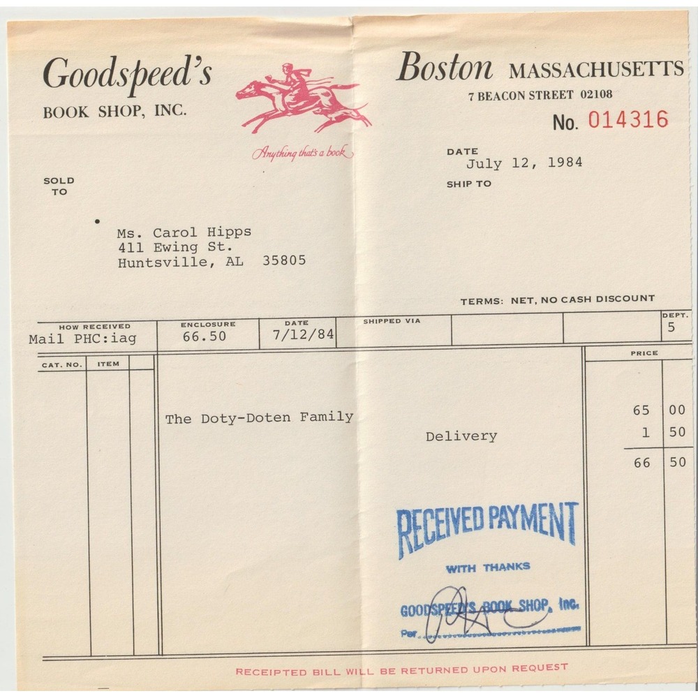 Vintage 1984 Goodspeed's Book Shop Boston Receipt Doty-Doten Family Ephemera